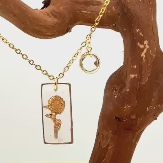 Birth flower necklace, floral necklace – Custom Resin & Gold-tone Charm • Optional Birthstone • Any Month