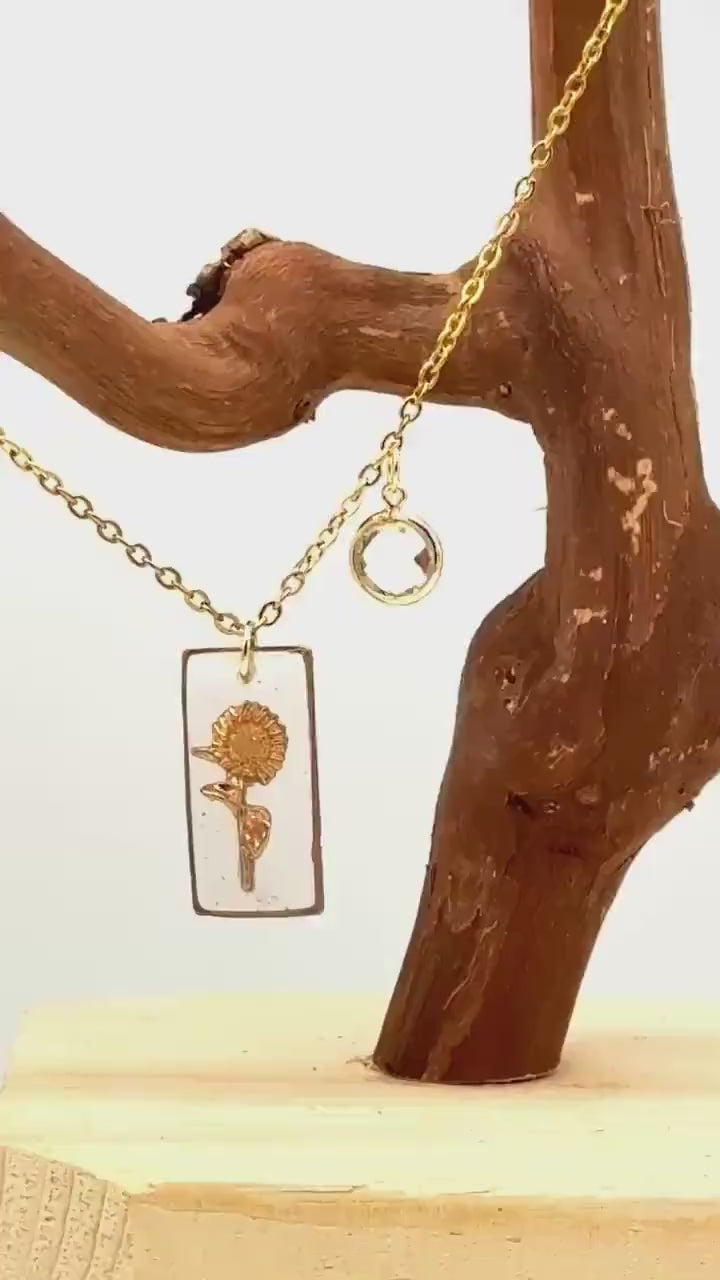 Birth flower necklace, floral necklace – Custom Resin & Gold-tone Charm • Optional Birthstone • Any Month