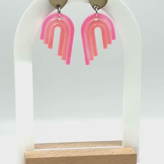 Handmade Boho Rainbow Earrings - Wood Heart Posts with Muted Pink and Orange Resin Rainbows