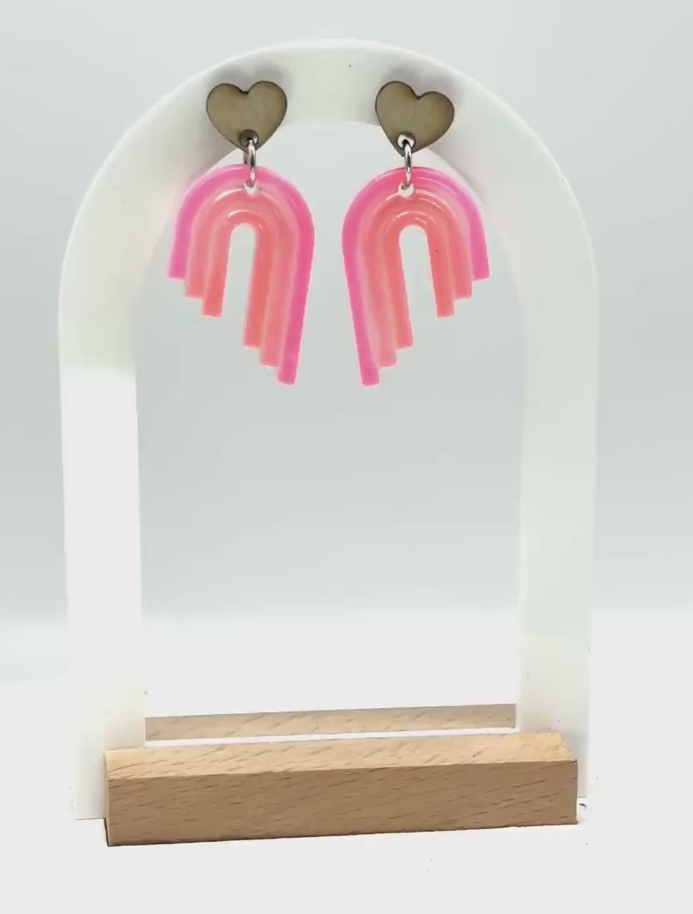 Handmade Boho Rainbow Earrings - Wood Heart Posts with Muted Pink and Orange Resin Rainbows