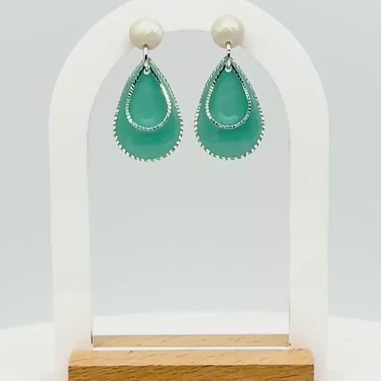 Teardrop Earrings, Resin Earrings, Pearl Stud Dangle | Teal Layered Drops, Handmade Statement Gift for Her