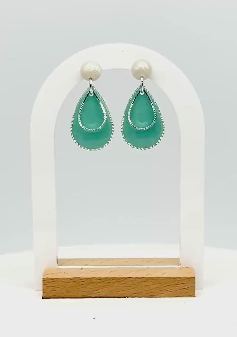 Teardrop Earrings, Resin Earrings, Pearl Stud Dangle | Teal Layered Drops, Handmade Statement Gift for Her
