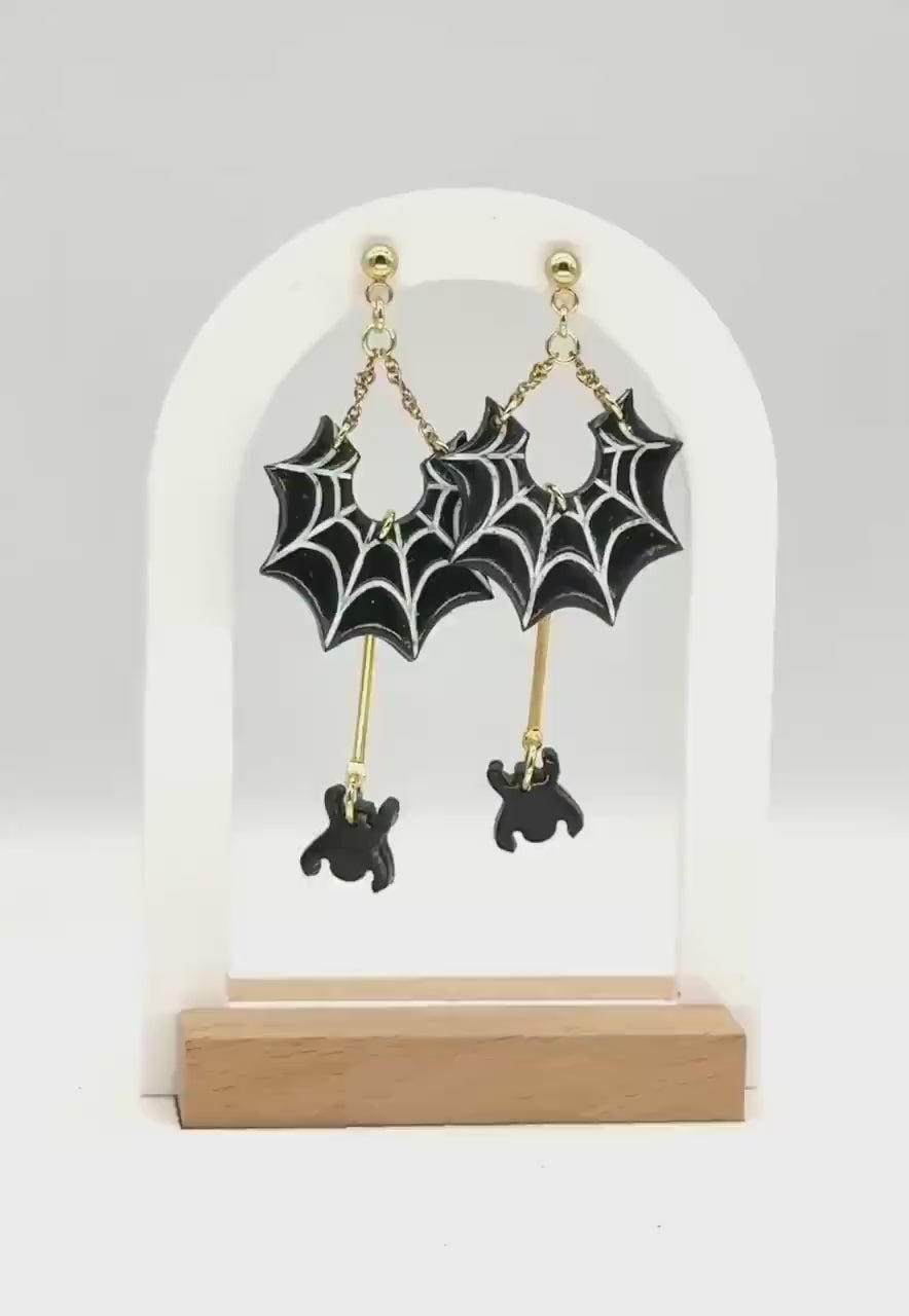 Spiderweb Ghost Dangle Earrings: Black & Gold Polymer Clay, Gold-Plated