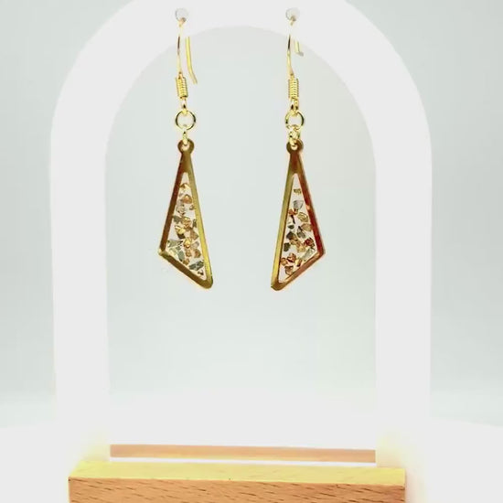 Handmade Gold Triangle Resin Earrings – Modern Design with Metallic Pebbles