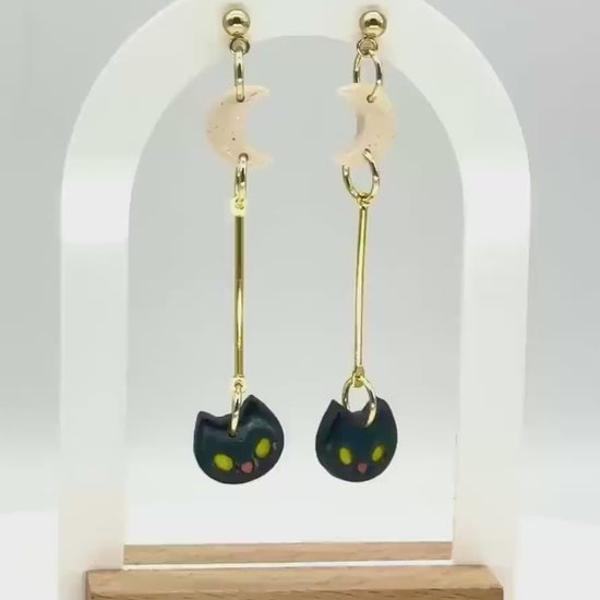 Black Cat Dangle Earrings: Polymer Clay Moon, Gold Bar - Halloween Jewelry