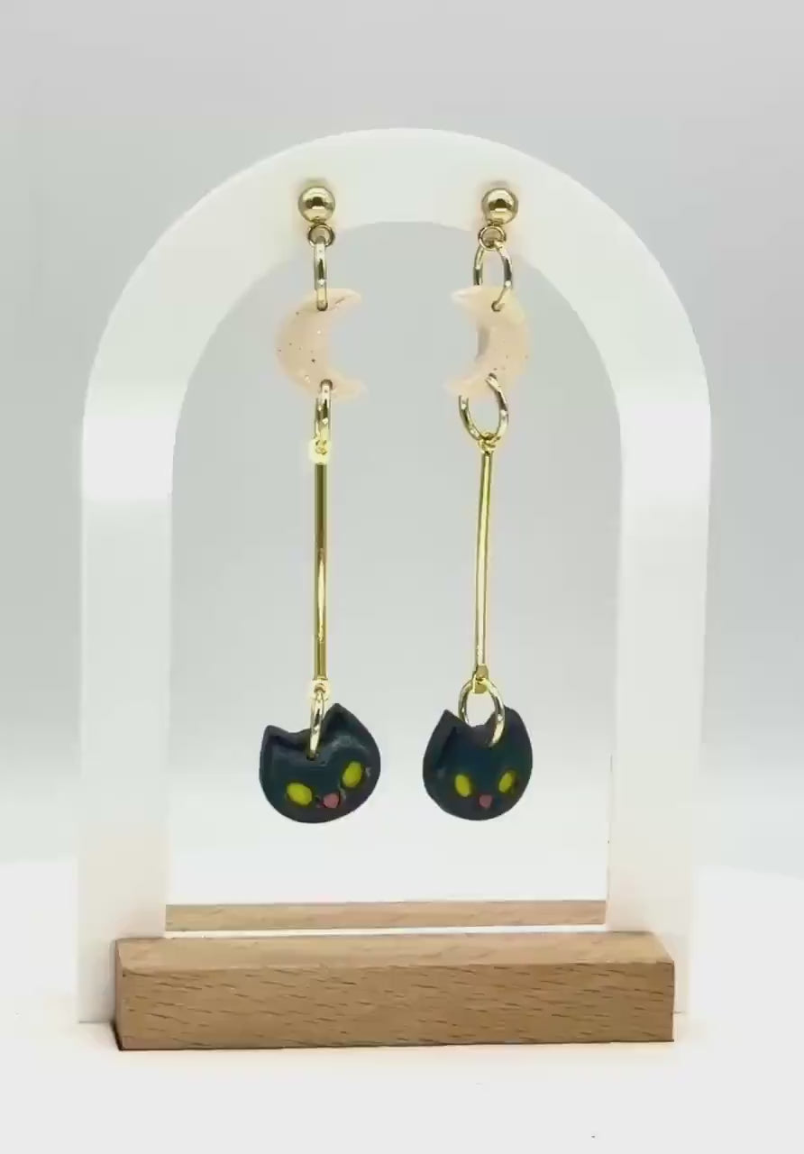 Black Cat Dangle Earrings: Polymer Clay Moon, Gold Bar - Halloween Jewelry