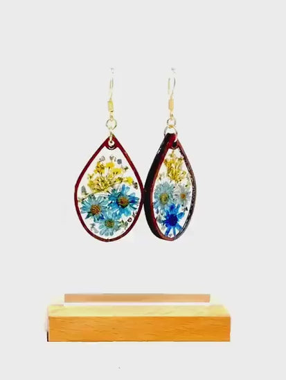 Real Pressed Flower Resin Earrings: Blue Daisies, Gold Hooks