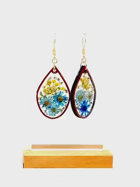 Real Pressed Flower Resin Earrings: Blue Daisies, Gold Hooks