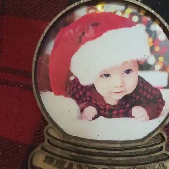 Personalized Photo Snow Globe Ornament: Engraved Wood Christmas Keepsake