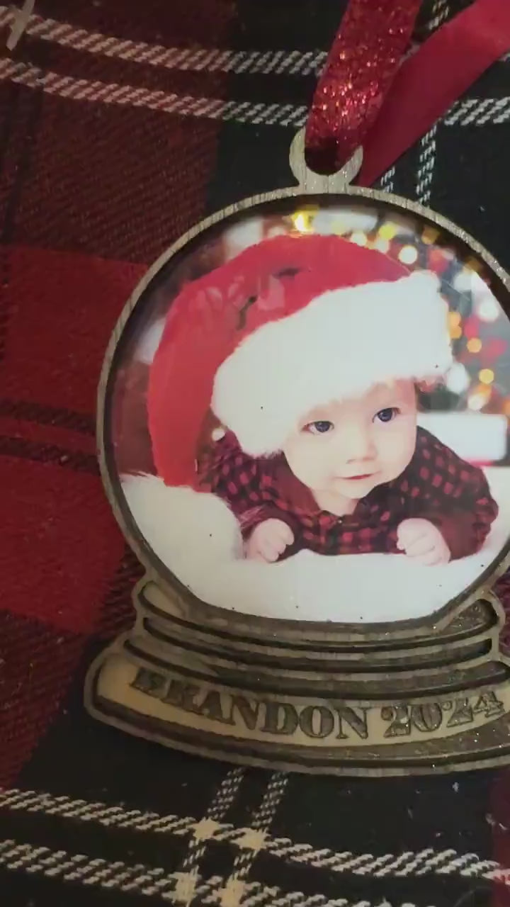 Personalized Photo Snow Globe Ornament: Engraved Wood Christmas Keepsake