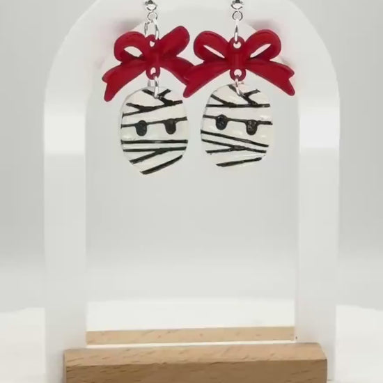 Mummy Polymer Clay Earrings: Red Bow Dangles, Halloween Novelty Jewelry