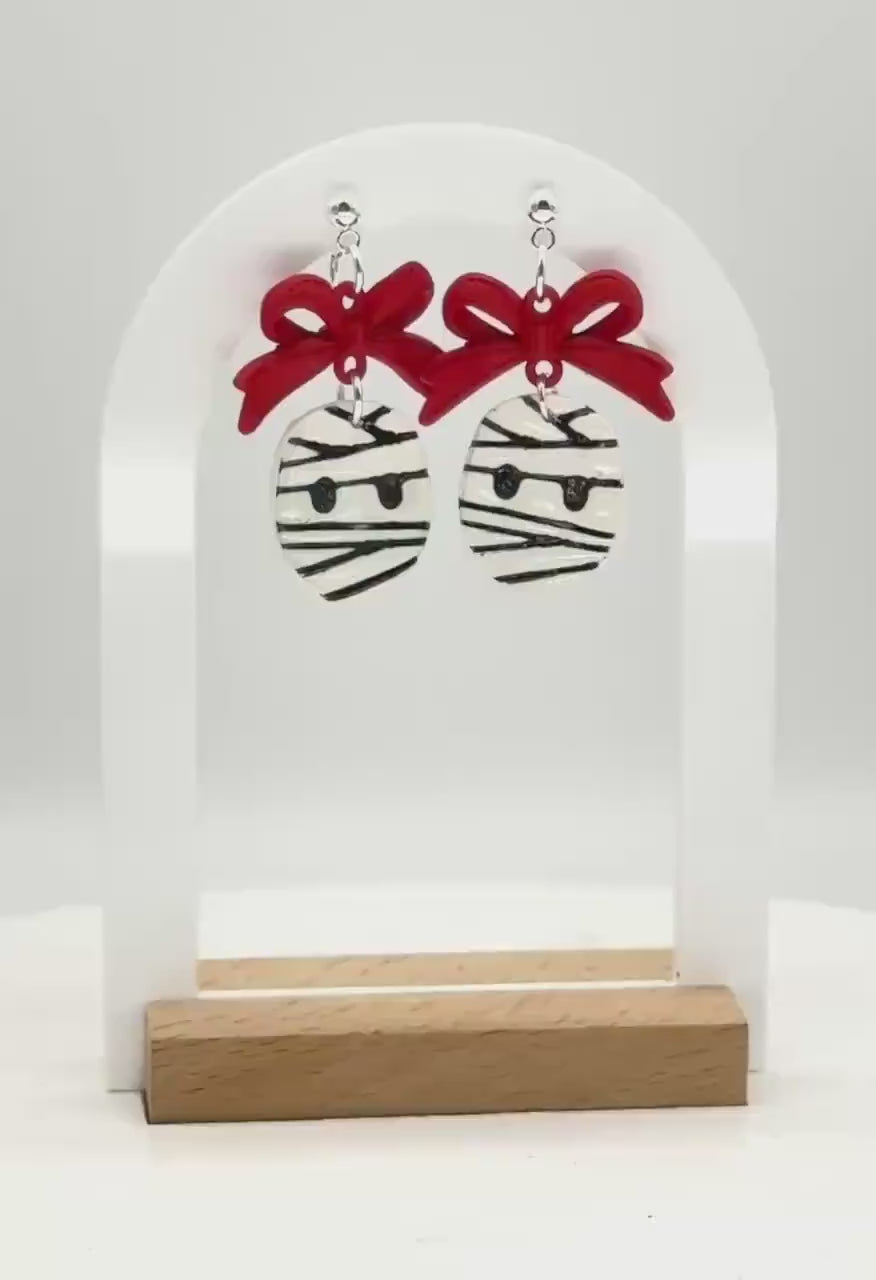 Mummy Polymer Clay Earrings: Red Bow Dangles, Halloween Novelty Jewelry