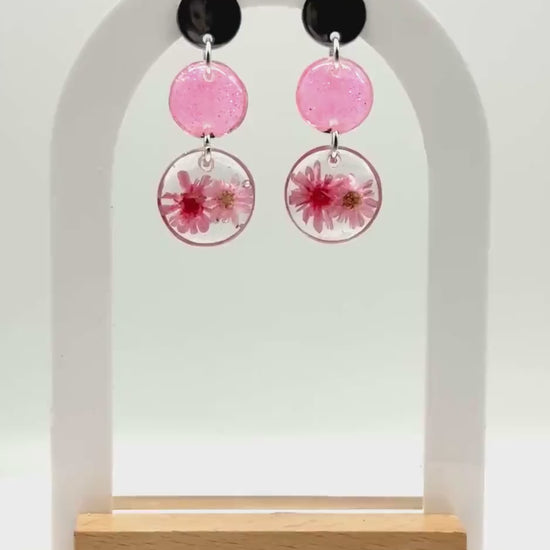 Tiny Dried Pressed Flowers Circle Earrings – Dainty Silver Studs with pink resin