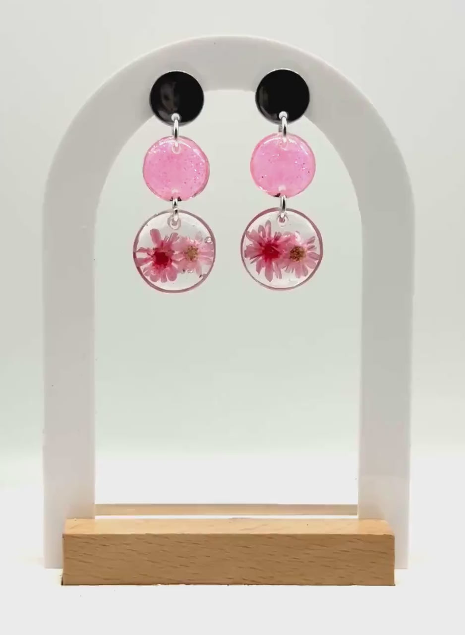 Tiny Dried Pressed Flowers Circle Earrings – Dainty Silver Studs with pink resin