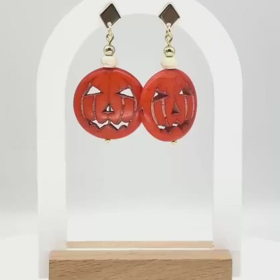 Halloween Earrings, Pumpkin Earrings — Jack-O’-Lantern Bead Dangles with Gold Accents