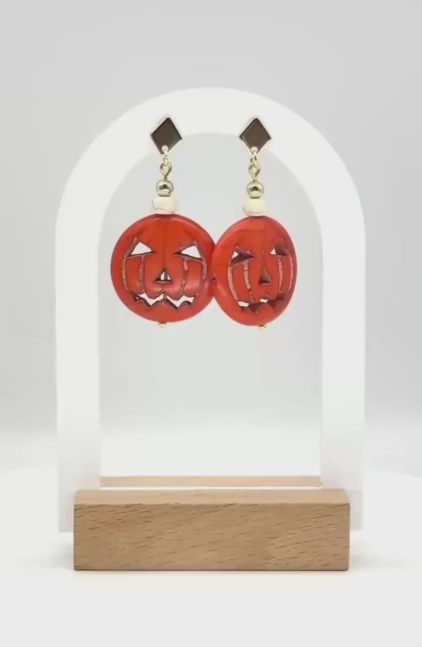 Halloween Earrings, Pumpkin Earrings — Jack-O’-Lantern Bead Dangles with Gold Accents