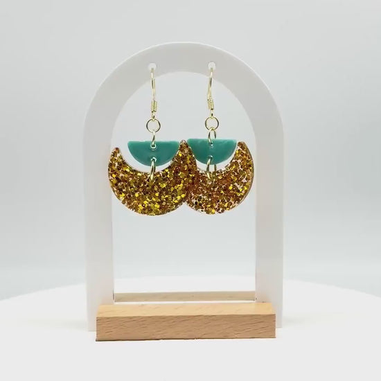 Gold Glitter Resin Earrings: Teal Crescent Boho Dangles