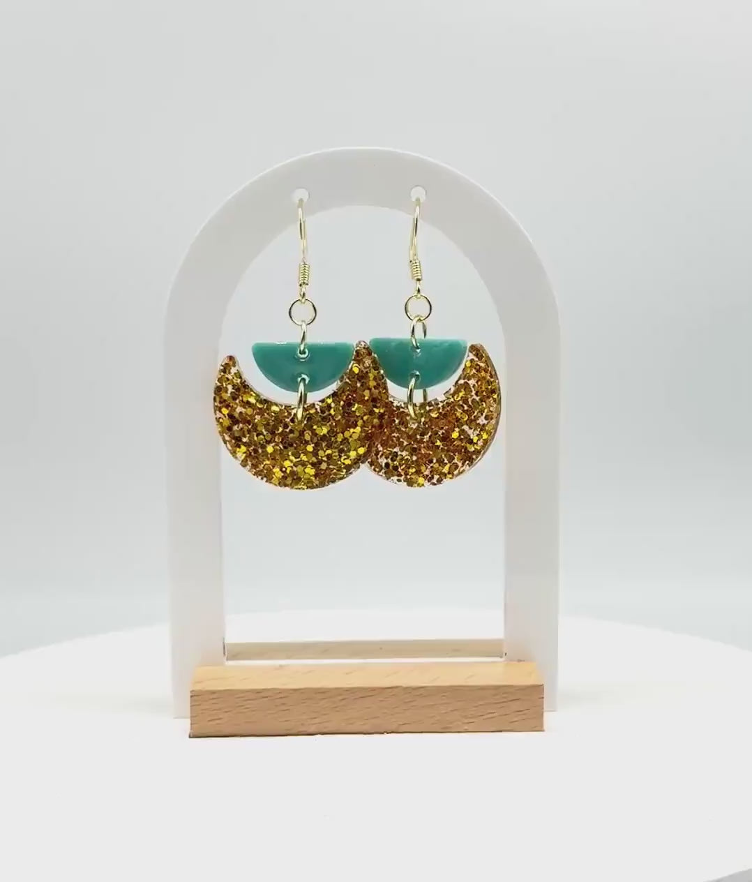 Gold Glitter Resin Earrings: Teal Crescent Boho Dangles