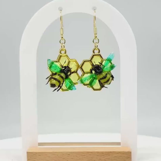 Handmade Honey Bumble Bee Honeycomb Resin Earrings – 14K Gold Plated, Crafted in the USA