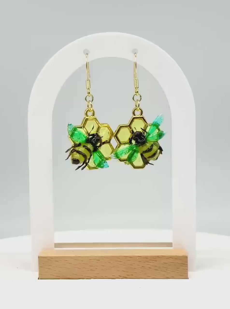 Handmade Honey Bumble Bee Honeycomb Resin Earrings – 14K Gold Plated, Crafted in the USA