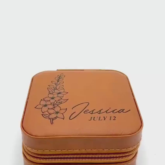 Personalized Birth Flower Jewelry Box: Engraved Faux Leather Travel Case