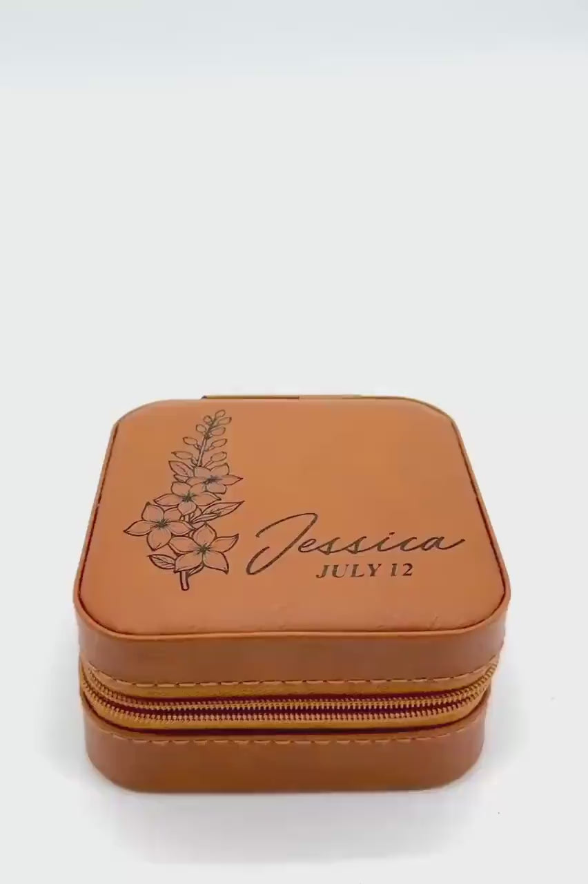 Personalized Birth Flower Jewelry Box: Engraved Faux Leather Travel Case