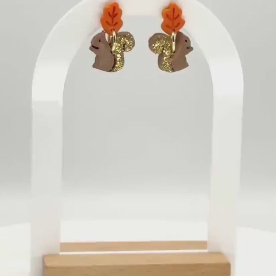 Woodland Squirrel Earrings: Glitter Tail, Leaf Studs, Polymer Clay