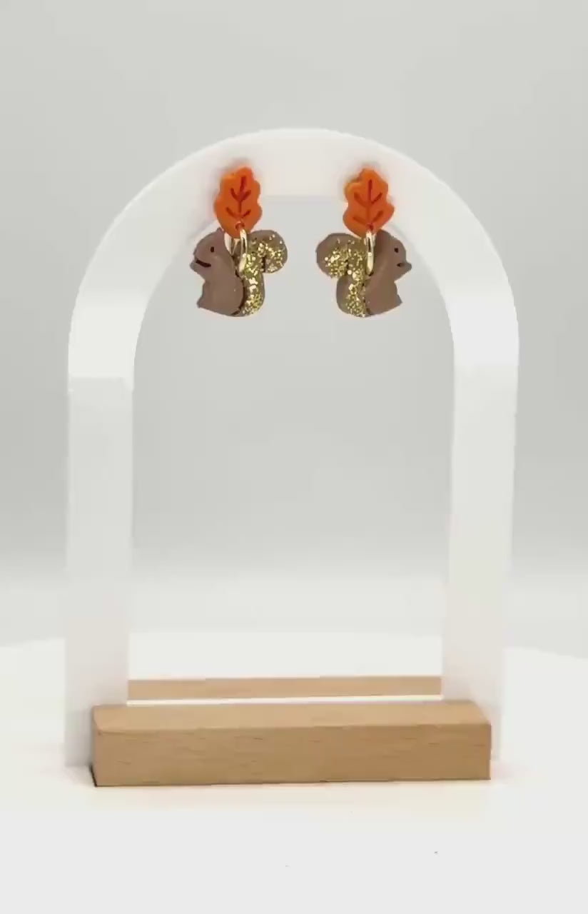 Woodland Squirrel Earrings: Glitter Tail, Leaf Studs, Polymer Clay