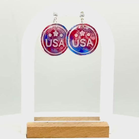 USA Earrings, Patriotic Earrings | Polymer-Clay Medal Dangle • Red-White-Blue Resin Gift in White Box