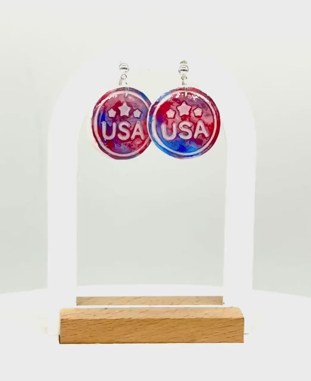 USA Earrings, Patriotic Earrings | Polymer-Clay Medal Dangle • Red-White-Blue Resin Gift in White Box