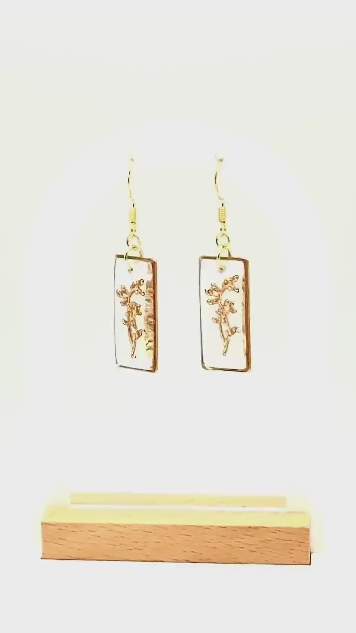 Whimsical earrings, birth flower earrings – Resin-Framed Gold Blossom Drops • Custom Month