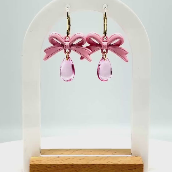 Handmade Pink Bow Dangle Earrings: Kawaii Teardrop Jewelry