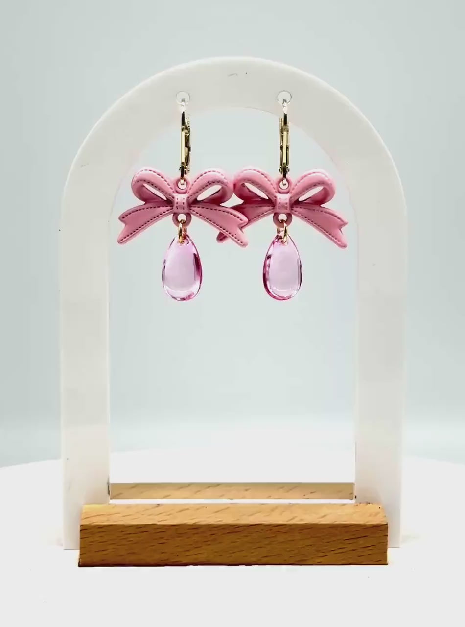 Handmade Pink Bow Dangle Earrings: Kawaii Teardrop Jewelry