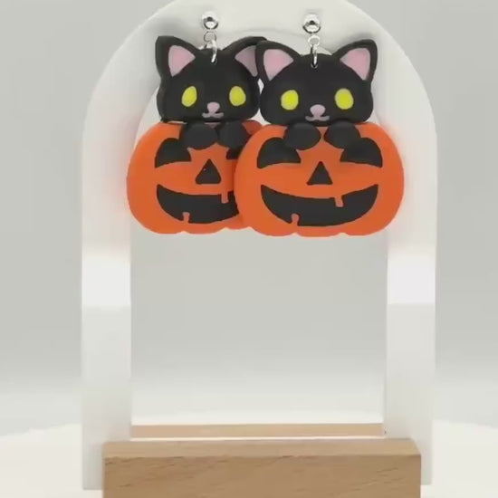 Black Cat Pumpkin Earrings: Kawaii Halloween Polymer Clay Dangles