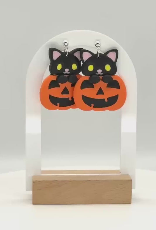 Black Cat Pumpkin Earrings: Kawaii Halloween Polymer Clay Dangles