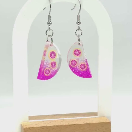 Handcrafted Pink Citrus Resin Earrings – Glittery Fruit Slice Dangles
