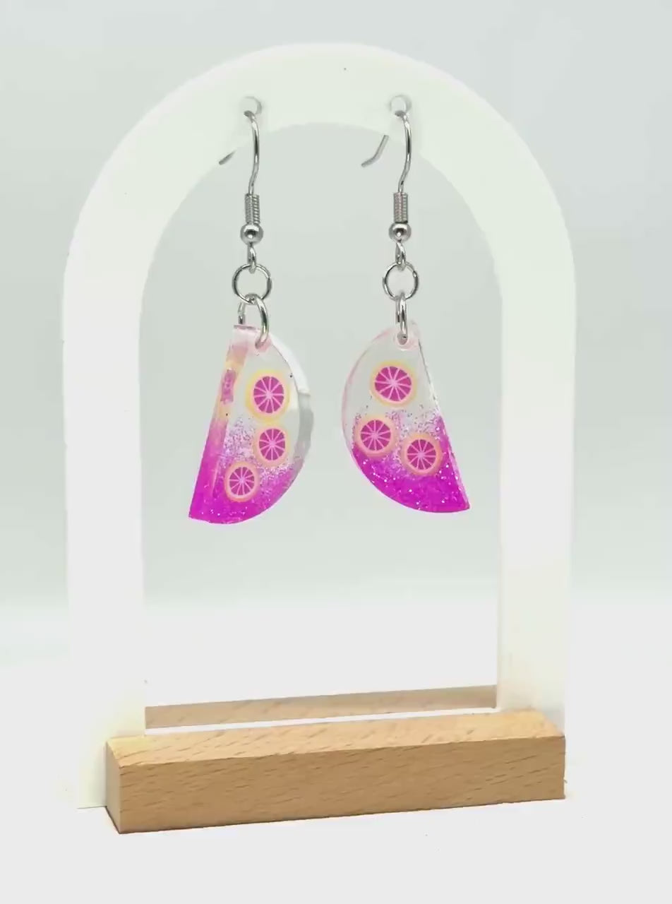 Handcrafted Pink Citrus Resin Earrings – Glittery Fruit Slice Dangles