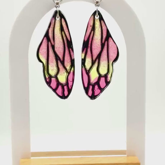 Handmade Resin Butterfly Wing Earrings – Pink & Gold Glitter Accents