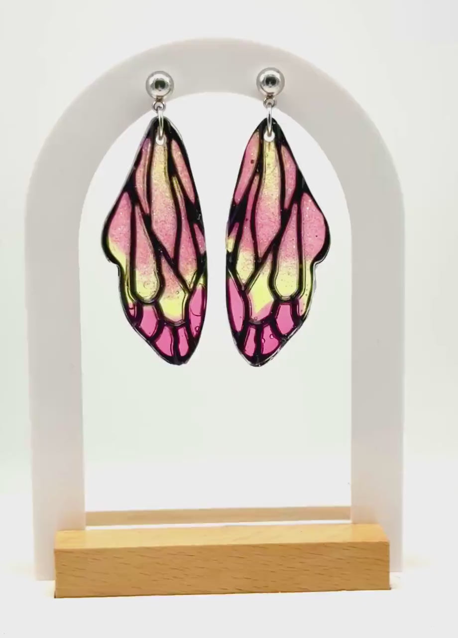 Handmade Resin Butterfly Wing Earrings – Pink & Gold Glitter Accents