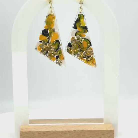 Handmade Resin Dangle Earrings: Black, Yellow, Gold Abstract Jewelry