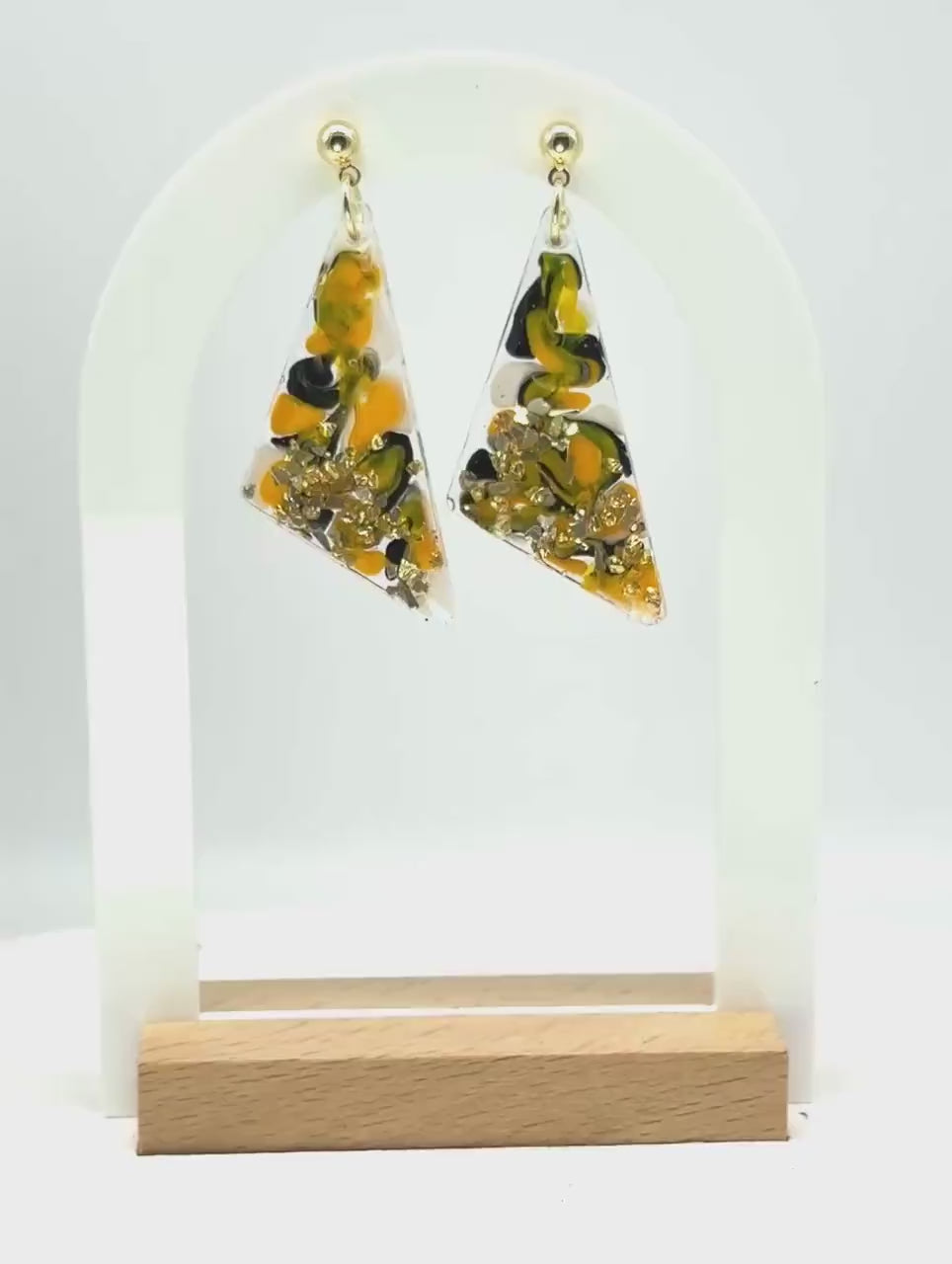 Handmade Resin Dangle Earrings: Black, Yellow, Gold Abstract Jewelry