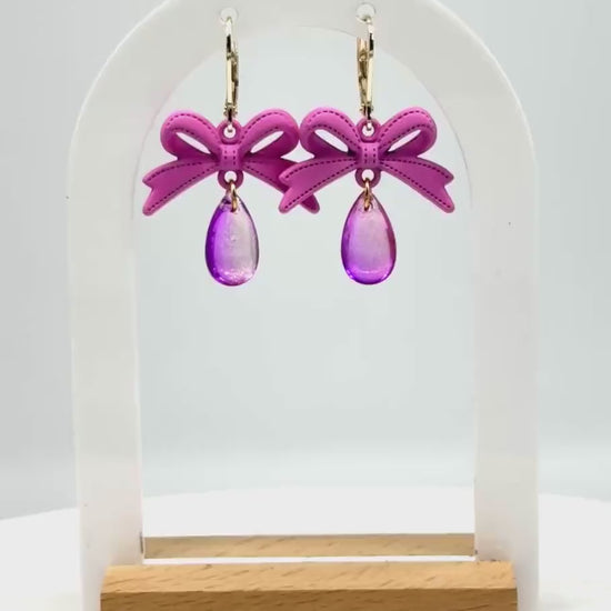 Pink Bow Dangle Earrings: Handmade Polymer Ribbon & Iridescent Teardrop