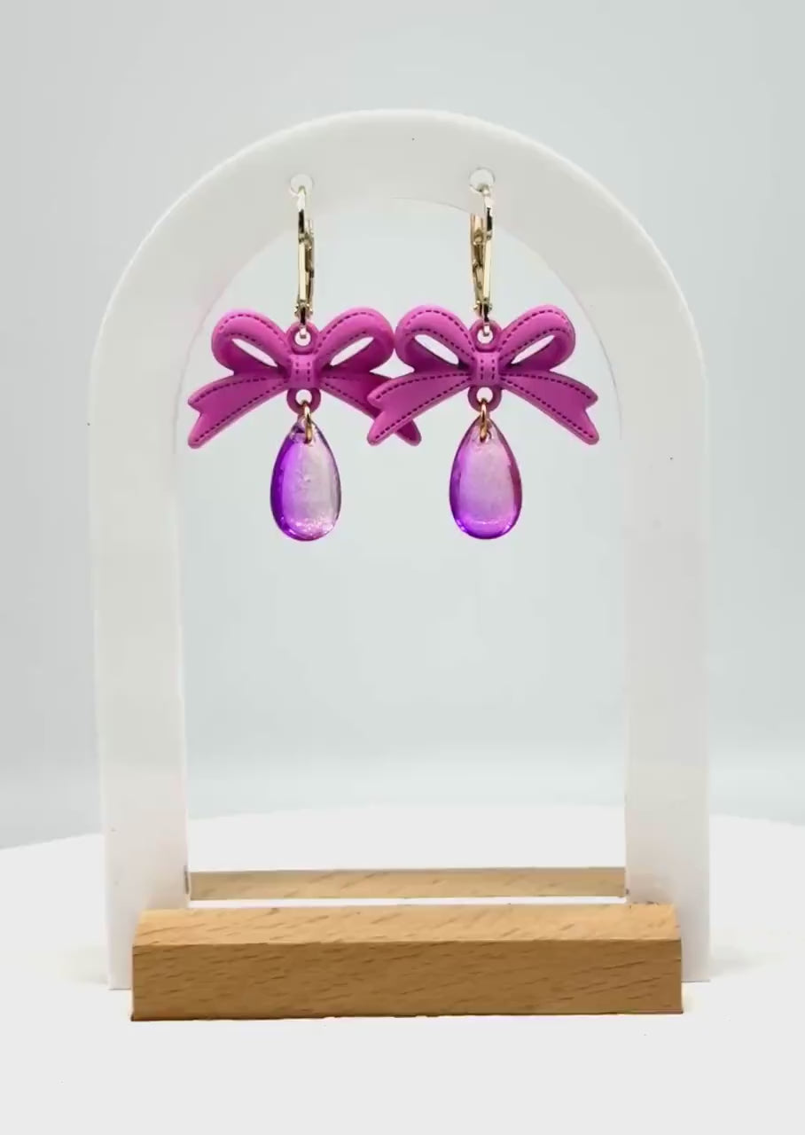 Pink Bow Dangle Earrings: Handmade Polymer Ribbon & Iridescent Teardrop