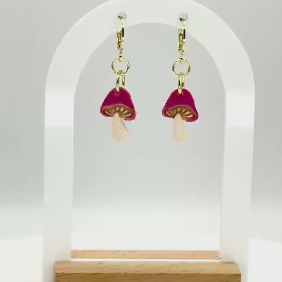 Mushroom Earrings, Whimsical Earrings – Pink Toadstool Polymer Clay Dangles on Gold Hoops