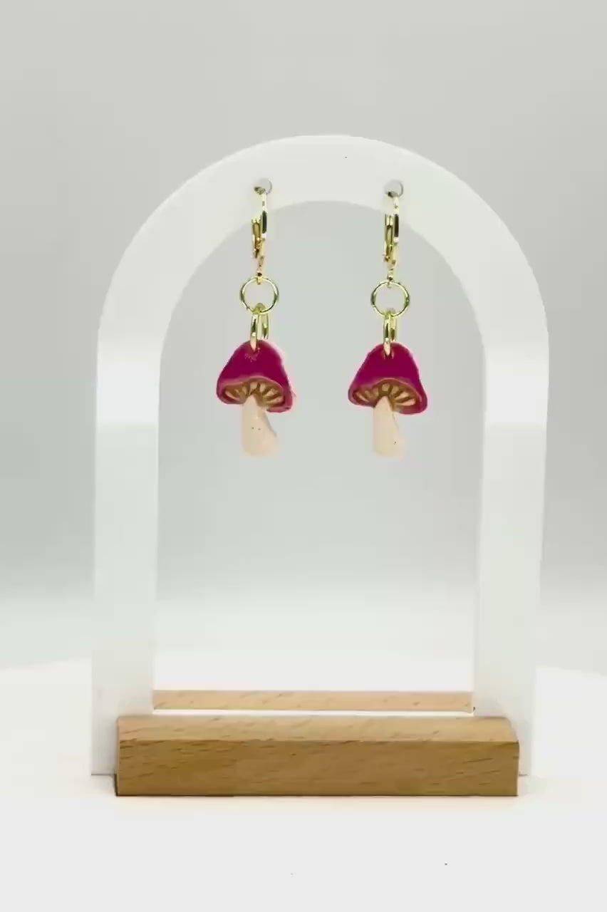Mushroom Earrings, Whimsical Earrings – Pink Toadstool Polymer Clay Dangles on Gold Hoops