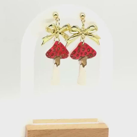 Mushroom Earrings, Whimsical Earrings — Red Toadstool Dangles with Gold Bows | Clay & Resin Fall Jewelry