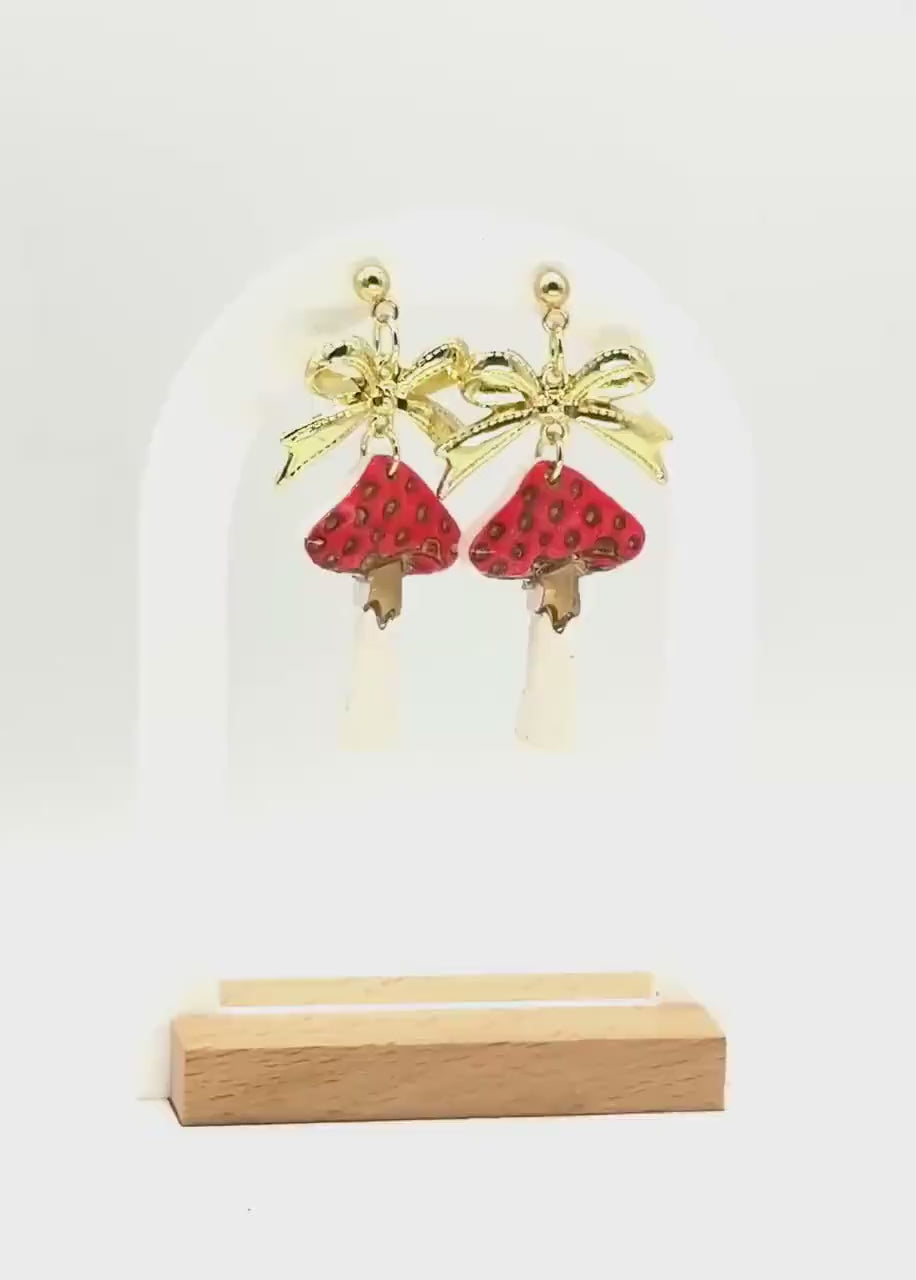 Mushroom Earrings, Whimsical Earrings — Red Toadstool Dangles with Gold Bows | Clay & Resin Fall Jewelry