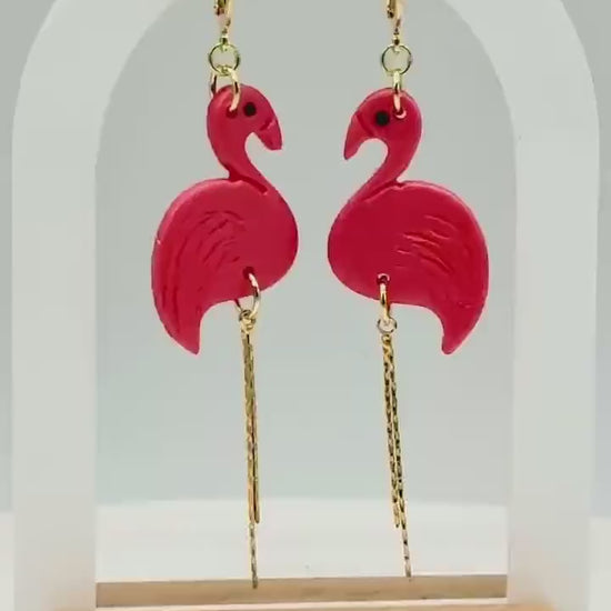 Flamingo Earrings: Pearlescent Pink Polymer Clay Dangles with 14K Gold-Plated Legs