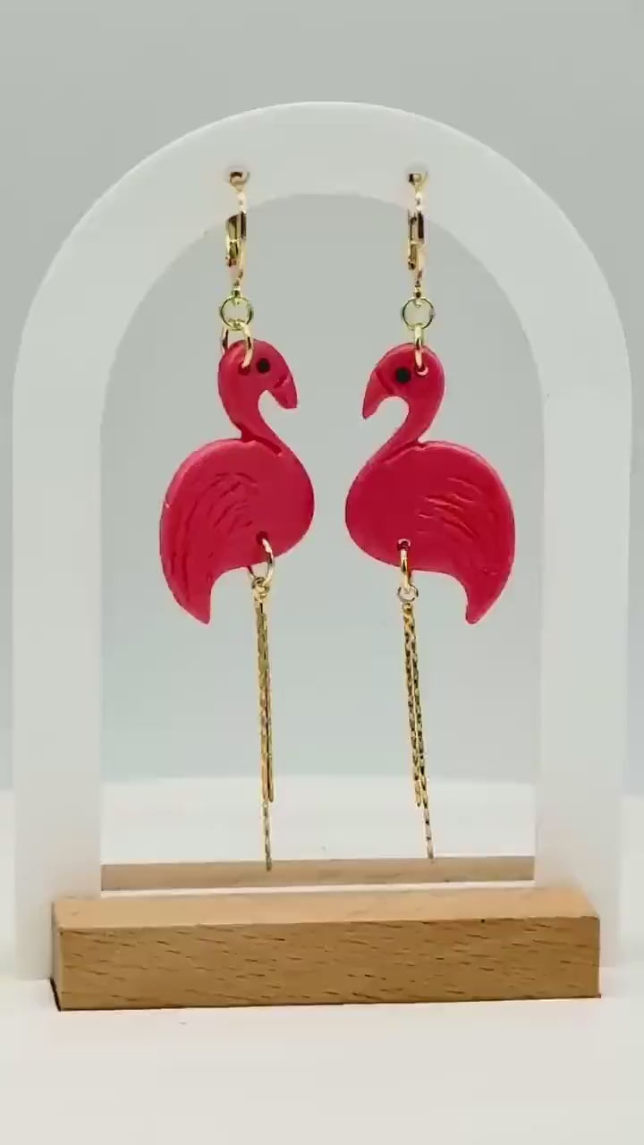 Flamingo Earrings: Pearlescent Pink Polymer Clay Dangles with 14K Gold-Plated Legs