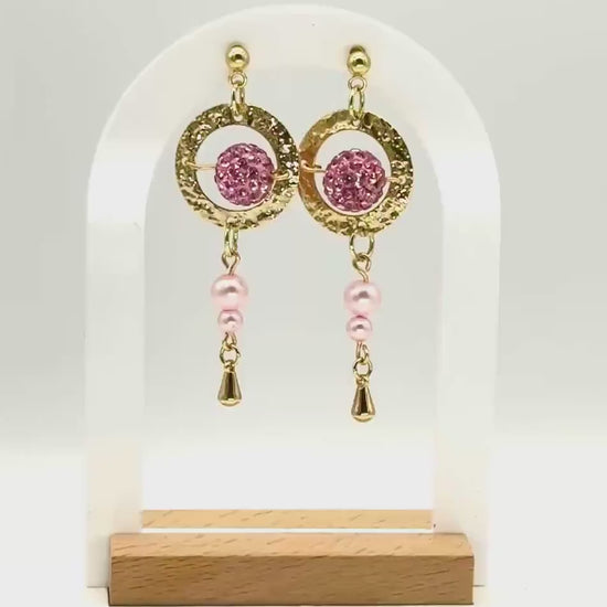 Gold & Pink Bead Drop Earrings – Hammered Hoop Dangles, Feminine Gift